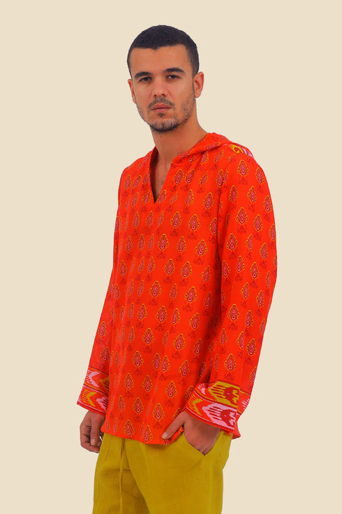 Shirt in printed cotton gauze with hoodie